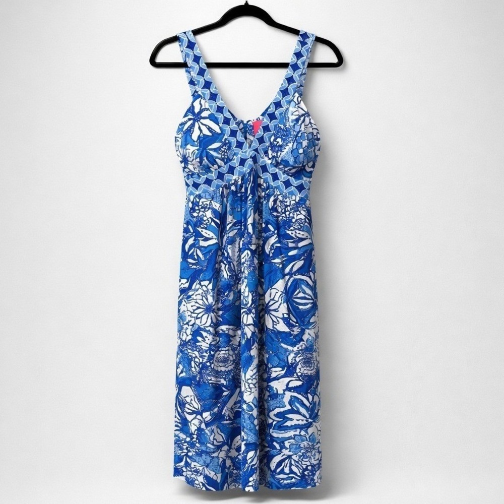 NWT Lilly Pulitzer Midi Dress Blue Tang Flocking Fabulous Womens 8 V-neck